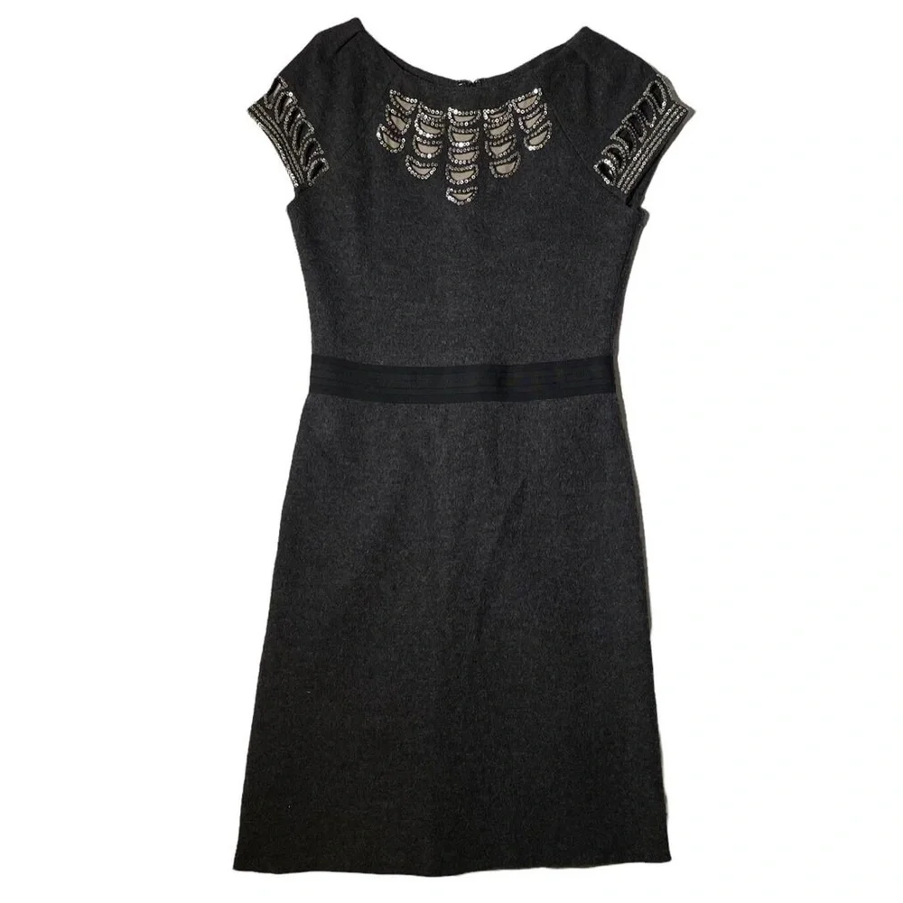 Tory Burch Elegant Dark Grey Wool Dress with Embellished Neckline and Sleeves